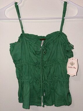 Amber Sky Green Ruched Tie-Front Tank Top Size M - New
